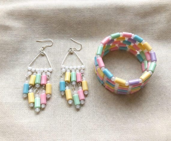 Pastel Ceramic Bead Memory Wire Bracelet, Handmade Jewelry Set
