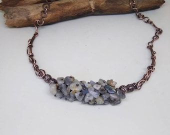 Statement labradorite necklace, Wire wrapped art necklace with natural labradorite chips, Antique copper necklace