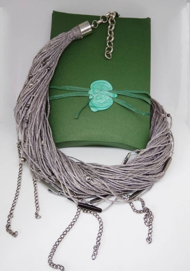 Conjunto de joyas de lino ecológico natural. Collar ecológico. Collar de perlas de lino. Collar de lino de verano Collar de lino con Perlas. imagen 5
