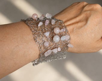wire crochet cuff bracelet, silver plated, tarnish protected with rose quartz