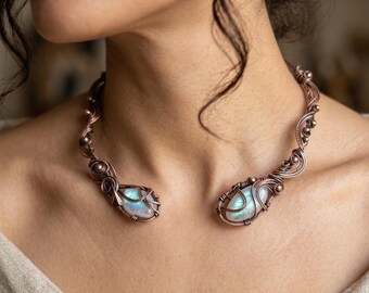 May include: A copper-toned necklace with a unique open design. The necklace features two teardrop-shaped, iridescent stones, each held within a delicate wire-wrapped frame. The necklace is worn around the neck.