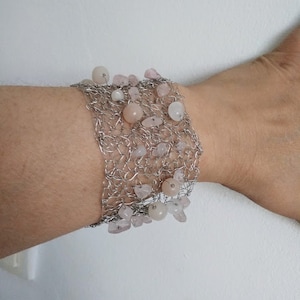 wire crochet cuff bracelet, silver plated, tarnish protected with rose quartz