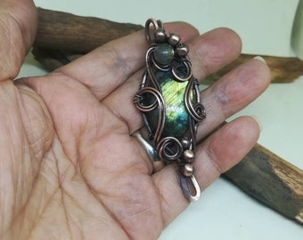 Green Labradorite Copper Wire Wrapped Pendant Gift Jewelry