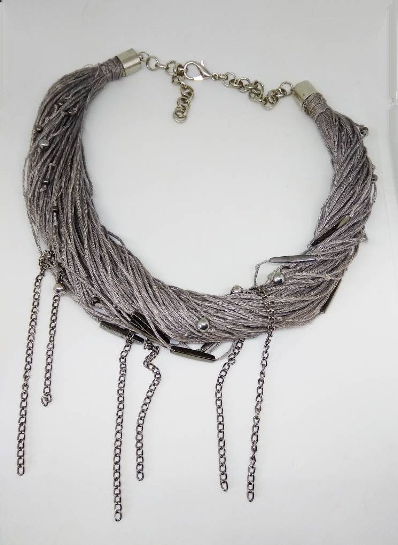 Conjunto de joyas de lino ecológico natural. Collar ecológico. Collar de perlas de lino. Collar de lino de verano Collar de lino con Perlas. imagen 7
