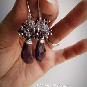 Silver earrings. Crystal earrings. Purple earrings. Wire Wrapped in Silver. Handmade Jewelry.