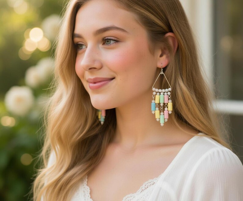 May include: A close-up of a person wearing chandelier earrings. The earrings have a silver triangle top with small white beads and pastel-colored cylindrical beads hanging below. The person has blonde hair and is wearing a white top.