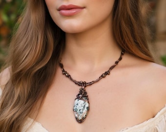 Statement koperen ketting met boomagaat-edelsteen, draadgewikkelde hanger