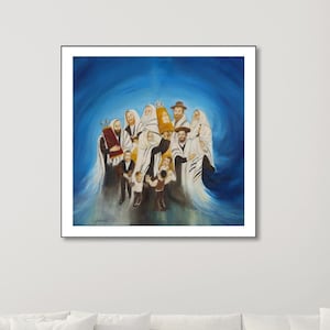 Mixed media art of &quot;Simhat Tora&quot; fine art print + hand made painting, gold acrylic colors, decorative Jewish gift, one of a kind.