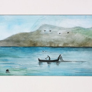 Pintura panorâmica em aquarela original, Pescadores no mar, tamanho pequeno, decoração de casa, com moldura de papelão. pintura feita à mão por Lina Hazan
