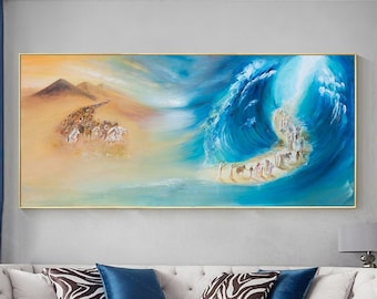 Exodus, crossing of the red sea, oil painting, large wall art, exclusive Jewish art, embellished canvas handmade by LinaHazan