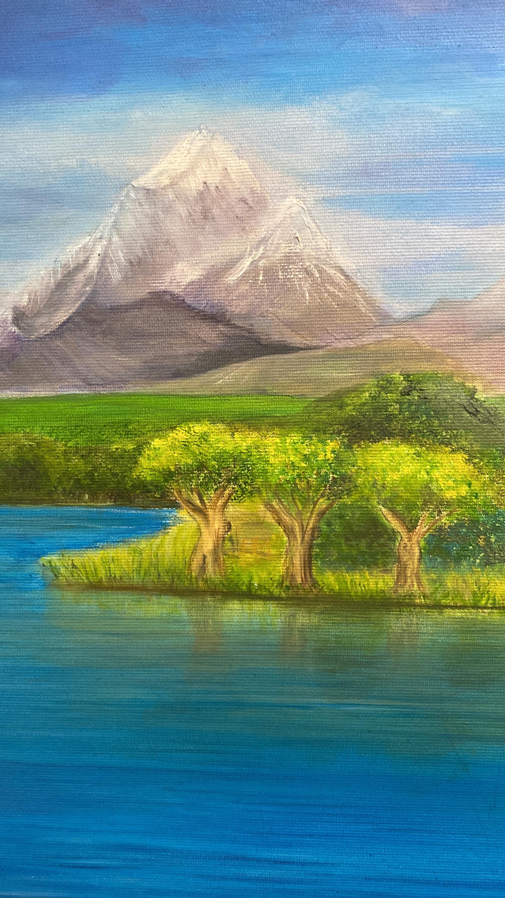 イラストの原画　ネイチャーアート　Paradise Paradise Landscape Painting, Original Oil on Canvas by Lina Hazan