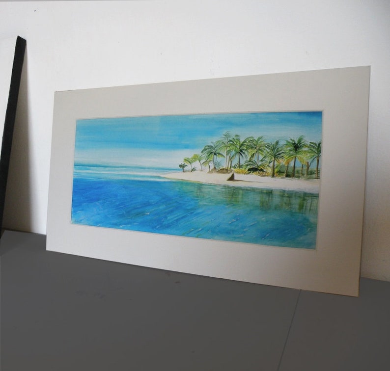 Original watercolors painting, sea view, Panoramic landscape, Island at sea, tropical beach, landscape, tropical view. image 2