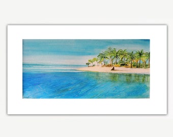 Original watercolors painting, sea view, Panoramic landscape, Island at sea, tropical beach, landscape, tropical view.