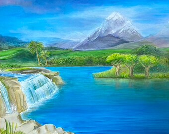 May include: A landscape painting featuring a serene blue lake with a waterfall cascading over rocks. Lush green trees and rolling hills surround the water, with a snow-capped mountain in the background under a blue sky. The artwork is signed "Lina Hazan Art".