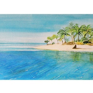 Original watercolors painting, sea view, Panoramic landscape, Island at sea, tropical beach, landscape, tropical view. image 3