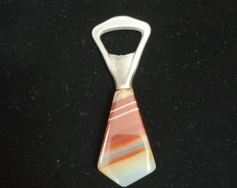 Vintage Bottle Opener with Handle in Natural Orange Agate, Beer Soda Metal Cap Opener