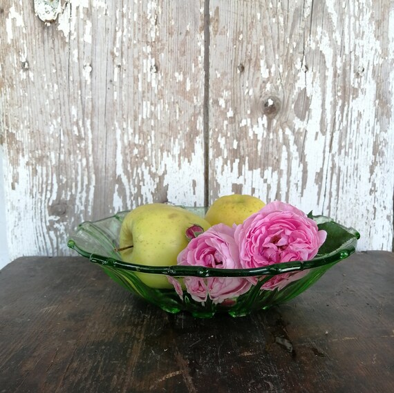 Vintage Green Glass Bowl Old Glass Fruit Bowl Mother's Etsy