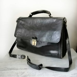 Vintage Leather Messenger Bag, Black Leather Bag, Black Tote, La Moda &#39;80s