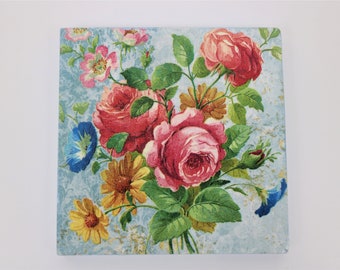 Floral Decoupage Stone Coasters: Country Kitchen Decor, Set of 4