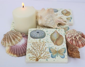 Decoupage Stone Coaster Set: Beach Decor Tiles, Set of 4