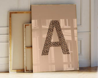 Leopard Print Letter A Printable Wall Art, Trendy Initial Monogram Sign, Dorm Room Decor, Teen Bedroom, Alphabet Print