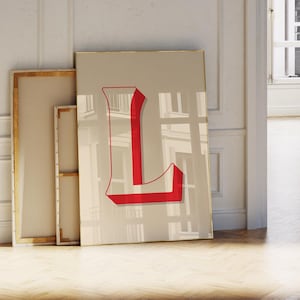 Pôster com a letra L, letras de parede para berçário elegante, dormitório universitário moderno, decoração vermelha para berçário, estampas para meninos, pôster com iniciais, nome, arte de parede com monograma