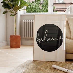 Believe Poster Print Yoga Wall Art One Word Signs Yoga Studio Decor Black and White Quote Print Script Print image 1