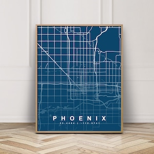 Mapa de Phoenix - Arte mural de Arizona - Mapa de Phoenix, Arizona - Póster de mapa con planos - Obra de arte de la ciudad - Decoración azul oscuro