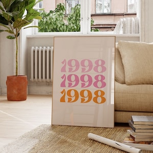 Póster de cumpleaños, año de nacimiento 1998, arte rosa y naranja, póster de 1998, regalo de cumpleaños 1998, decoraciones de cumpleaños, impresión del año 1998, dormitorio rosa y naranja