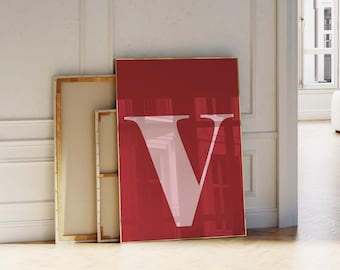 Letter V Poster, Custom V Initial Wall Art, Red and Blush Pink Nursery, Baby Name Sign