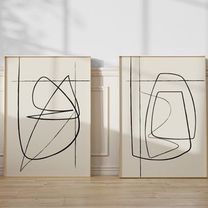 Matching Art Prints - Set of 2 Abstract Prints  - Beige Artwork - Minimal Drawing - Minimalist Line Art - Continuous Line Drawing Wall Art