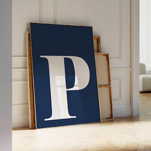 Póster con la letra P, decoración para habitación preppy, azul marino y blanco, lámina con letras para guardería, decoración para dormitorio universitario azul marino, impresión con la inicial P, lámina del alfabeto.