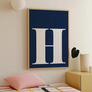 Letter H Poster, Aesthetic Wall Art, Printable Initial, College Dorm Decor, Preppy Wall Art, Teen Girl Room Decor, Navy Nursery Decor