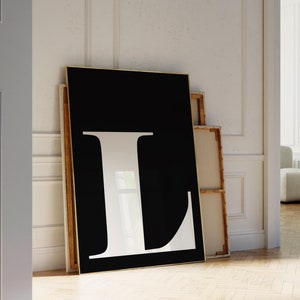 Cartaz da letra L, placa com nome de berçário, pôster preppy, decoração de parede fofa, casa de faculdade, arte de parede moderna, preto e branco, arte acima da cama, inicial L