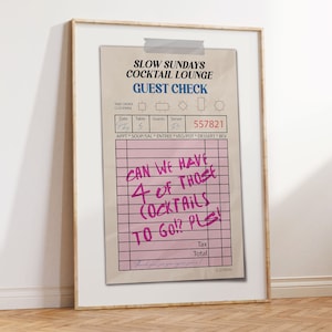 Guest Check Print, Dorm Decor, Preppy Room Decor, Bar Cart Art, Retro Wall Art, Y2k Room Decor, Trendy Poster, Apartment Décor