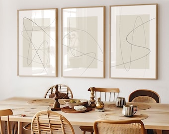 Triptych Art - 3 Piece Art Work - Abstract Line Artwork - Set of Three Wall Art - Beige Line Drawing Print - Trio of Prints