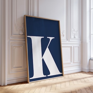 Letter K Poster, Preppy Room Decor, Alphabet Print, Navy Dorm Room Decor, Wall Art Initials, Navy Blue and White, Nursery Letter Print