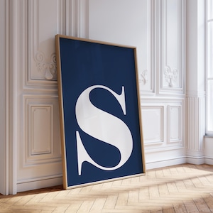 Letter S Poster, Navy Dorm Room Decor, S Initial Name Print, Nursery Letter Print, Preppy Room Decor, Cute Apartment, Kids Room Decor, Navy