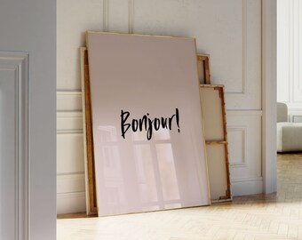 French Printable Art - Bonjour Print Art - Pastel Wall Art - Pink Print Download - Minimalist Typography - Blush Pink Wall Art Printable