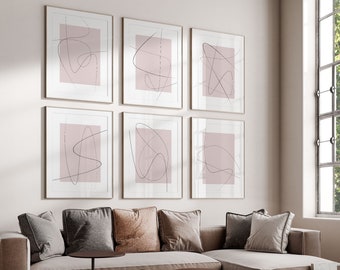 Fine Line Artwork, Poster Set of 6 Prints, Lines Wall Art, Gallery Wall Art Set, Set of Six Prints, Art Print Bundles, Blush Pink Artwork