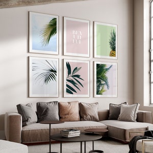 Gallery Wall Set - Tropical Print Wall Art Set - Poster Set of 6 Prints - Set of Six Prints - Pink and Green Wall Art