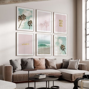 Wall Art Set of 6 Prints - Palm Tree Print - Blush Pink Wall Art - Beach Poster Set - Coastal Artwork - Blush Pink Decor