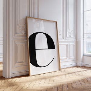 Póster E, monograma de la letra, apellido, letra E, inicial moderna E, letra del alfabeto, arte en blanco y negro, impresión para guardería, póster con apellido