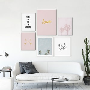 Coastal Gallery Wall Art Set - Above Couch Art - Beach Set of Six Prints - Poster Set of 6 Prints - Blush Pink Wall Art - Tropical Posters