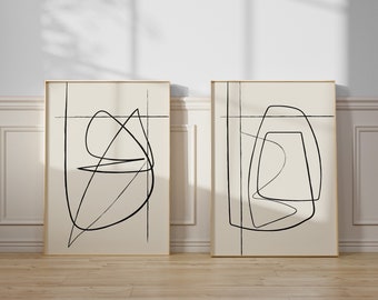 Matching Art Prints - Set of 2 Abstract Prints  - Beige Artwork - Minimal Drawing - Minimalist Line Art - Continuous Line Drawing Wall Art