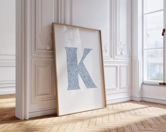 Chinoiserie Style Letter K Print, Blue Floral Monogram Printable Wall Art