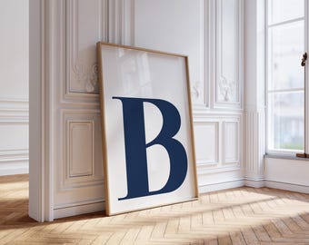 Póster azul marino con la letra B, decoración de pared con inicial estilo preppy (descarga digital)