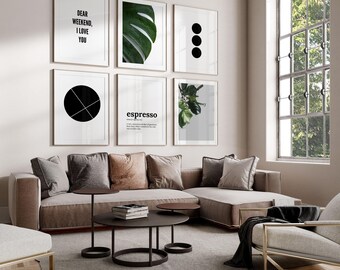 Modern Wall Art Set, Black and White Geometric & Botanical (6 Prints)