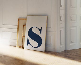 Bokstaven S-affisch, marinblå väggkonst, dekor till studenthem, blå preppy väggkonst, söt lägenhetsinredning, rumsdekor för tonårsflickor, flickig väggkonst