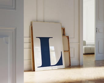 Póster con la letra L, arte de pared azul marino, decoración preppy para dormitorio, letrero con nombre para guardería, lámina para habitación infantil, arte con letras para guardería, lámina con la inicial L